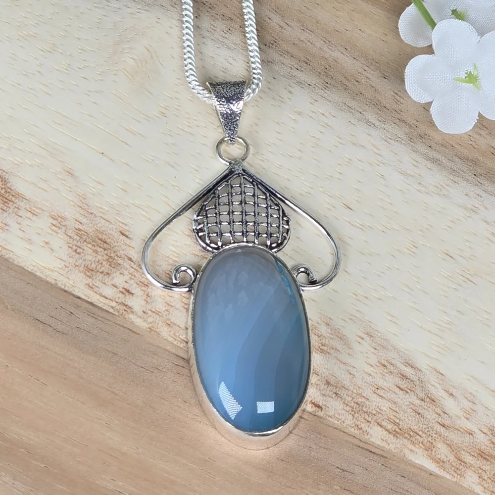 Vintage Style Blue Chalcedony Gemstone Pendant Necklace Country Boho Whimsi New
